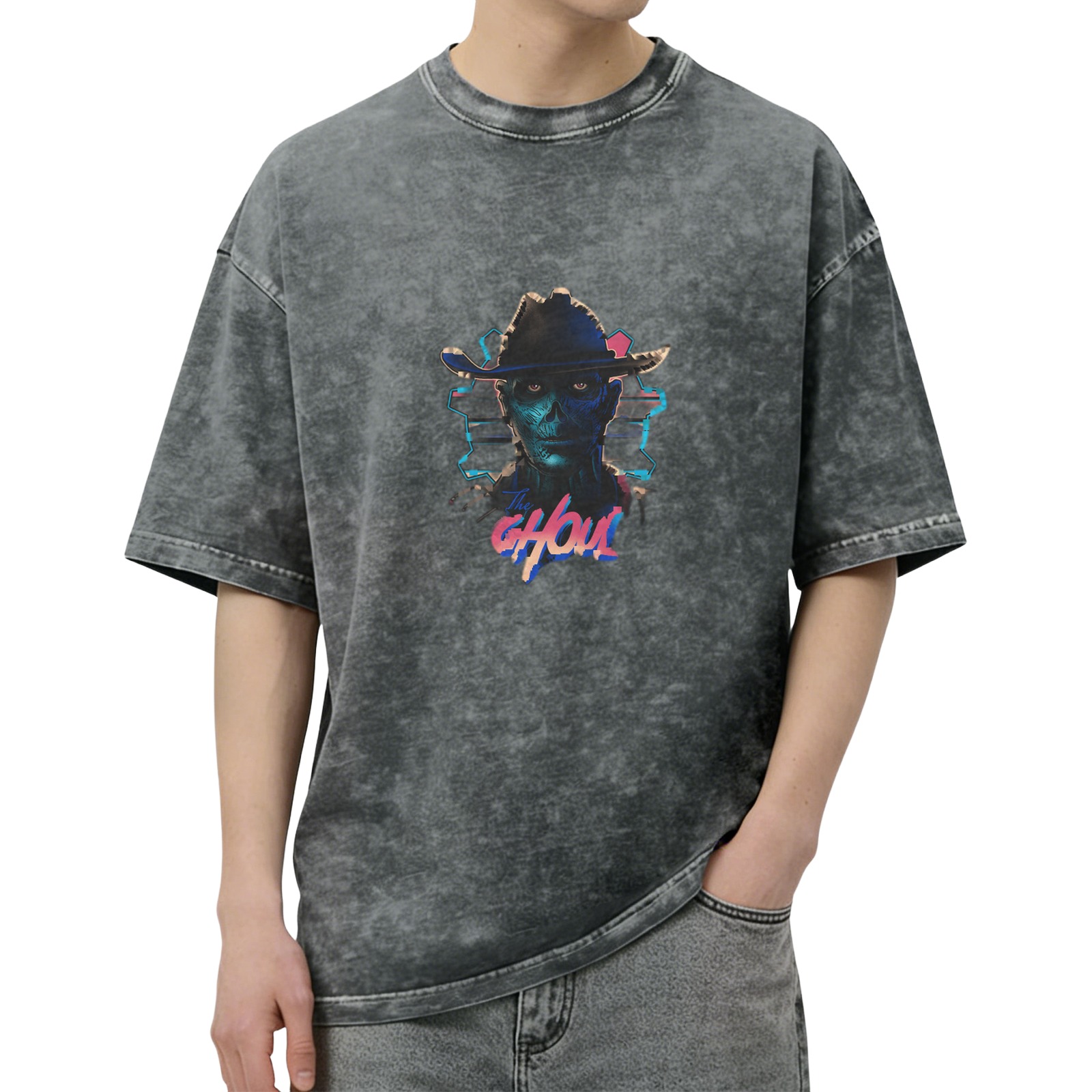 Washed Black T-Shirt with Retro The Ghoul Cowboy Skull Graphic