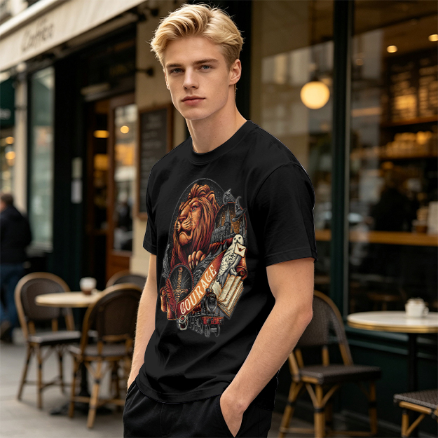 Olive T-Shirt With Lion Courage Themed Fantasy Art Print
