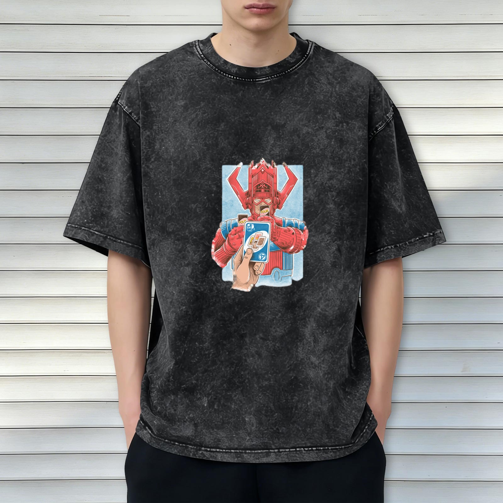 Galactus holding Uno card graphic on acid wash t-shirt