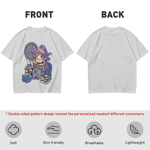 Olive t-shirt with cozy reading witch and cat graphic