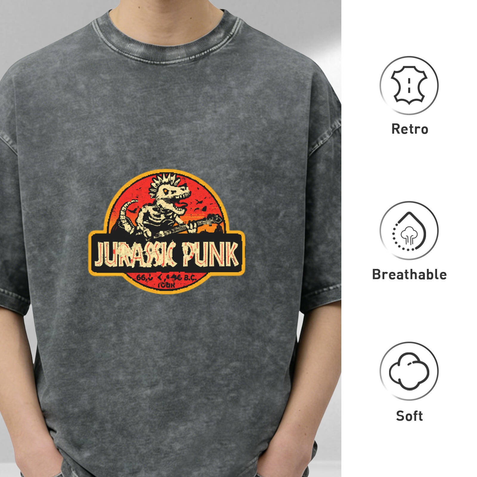 Jurassic Punk Dinosaur Skeleton Graphic Acid Wash T-Shirt