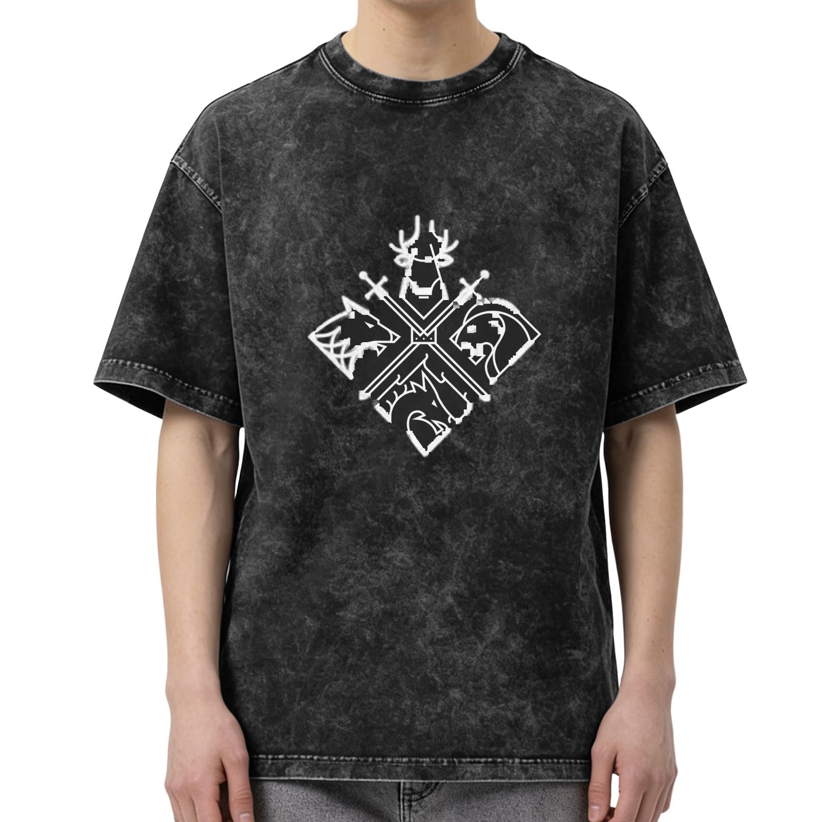 Washed Black Graphic T-Shirt With Medieval Fantasy Animal Emblem Design