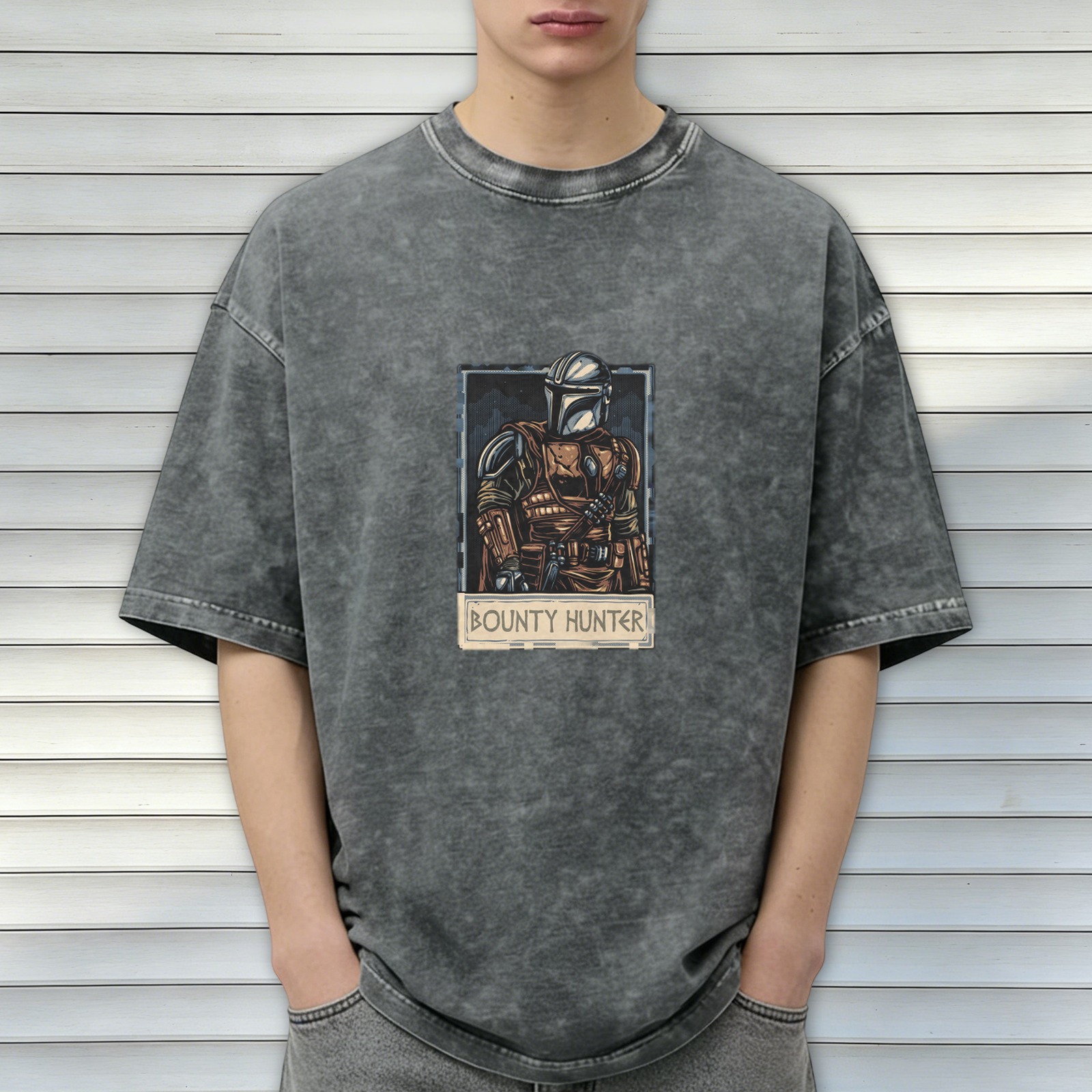 Washed Black T-Shirt With Mandalorian Bounty Hunter Print