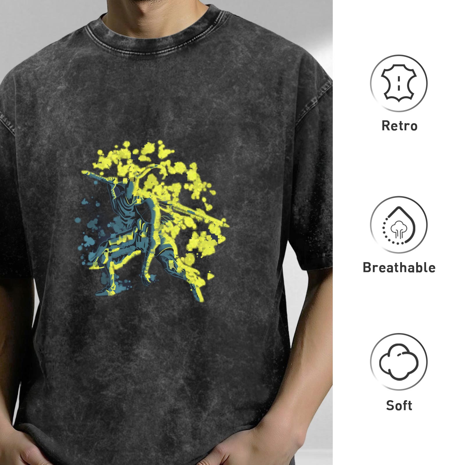 Washed Black Graphic T-Shirt with Neon Splatter Warrior Design