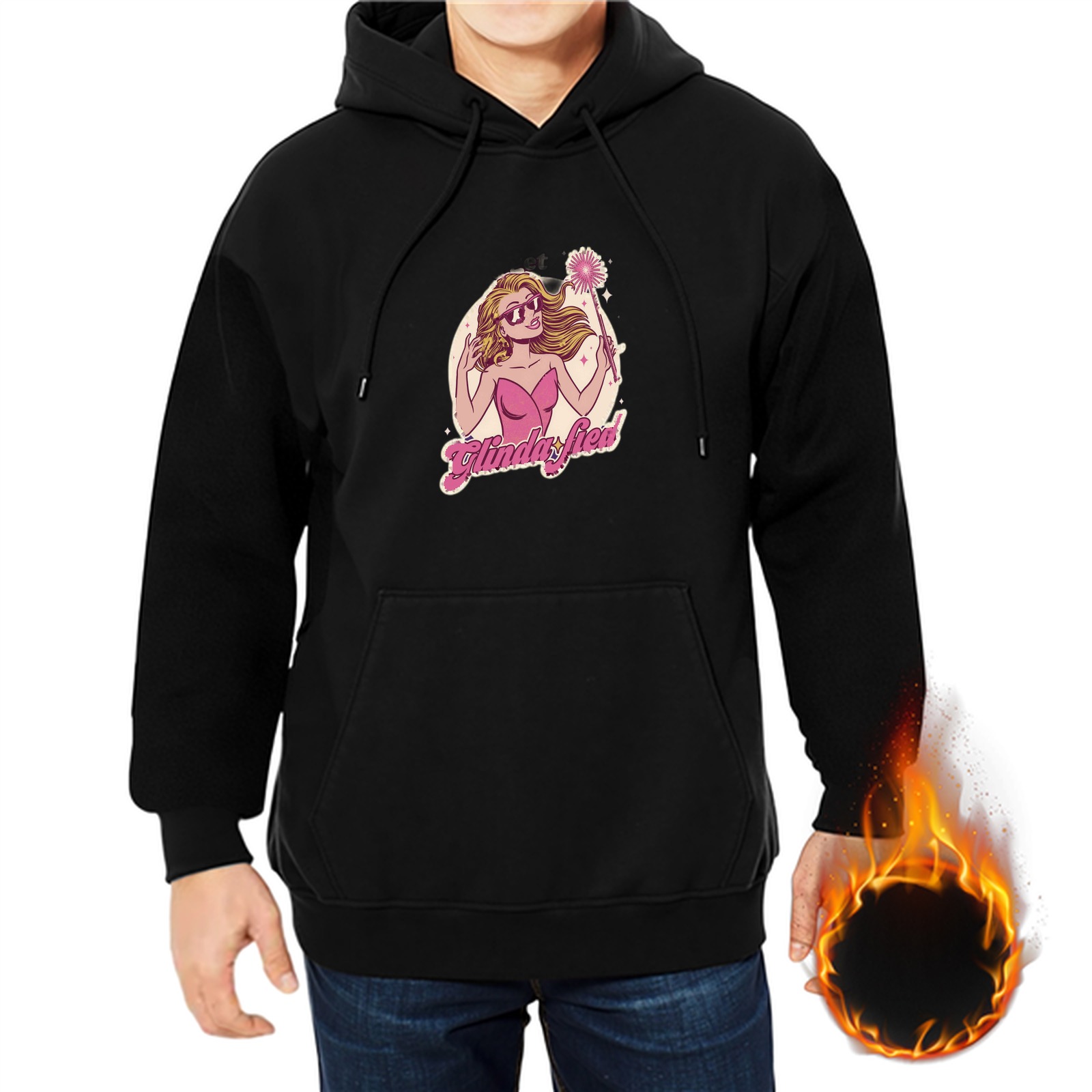 Black hoodie with Glinda-themed graphic print