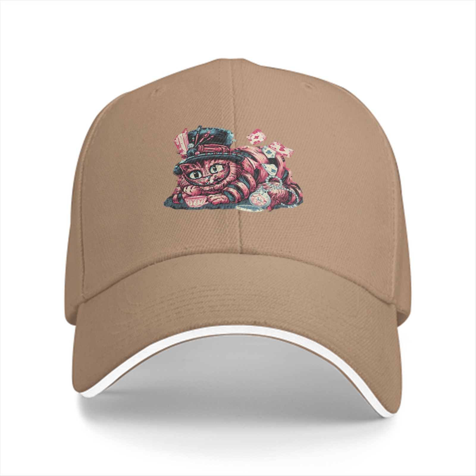 Black Baseball Cap with Whimsical Wonderland Cat Art Print