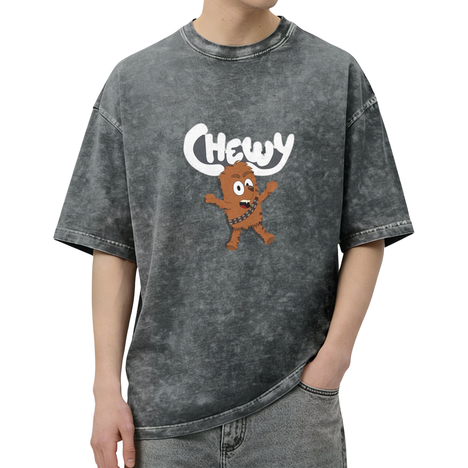 Oversized Vintage Wash T-Shirt with Cartoon Chewbacca 'Chewy' Graphic Print