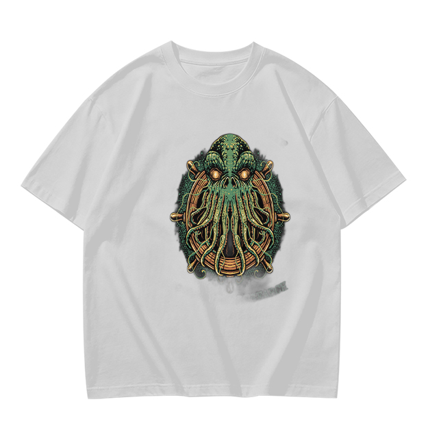 Olive Green T-Shirt With Cthulhu Ship Wheel Graphic