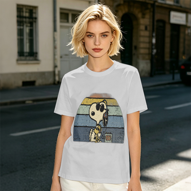 Olive T-shirt with Snoopy and Woodstock Retro Sunset Graphic