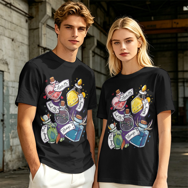 Olive T-Shirt With Magical Potion Bottles Graphic Design