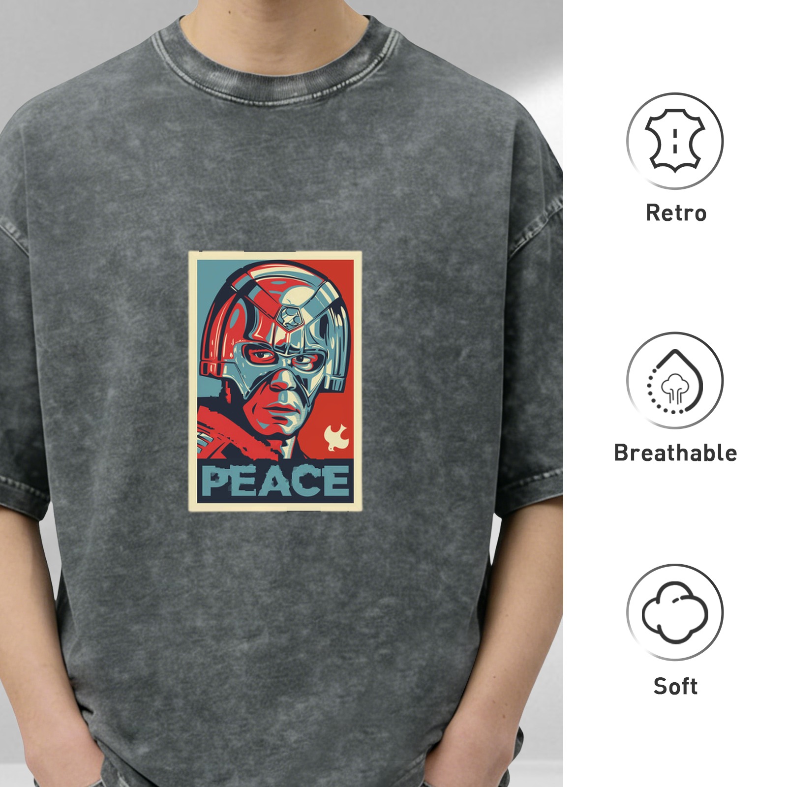 Distressed washed black short-sleeved T-shirt Peacemaker themed print Loose casual top