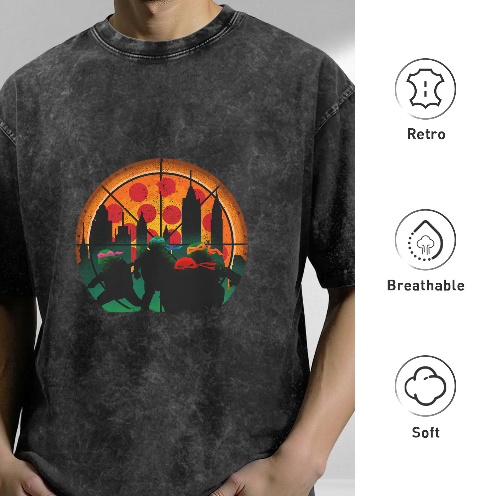 Teenage Mutant Ninja Turtles Pizza City Silhouette Acid Wash T-Shirt