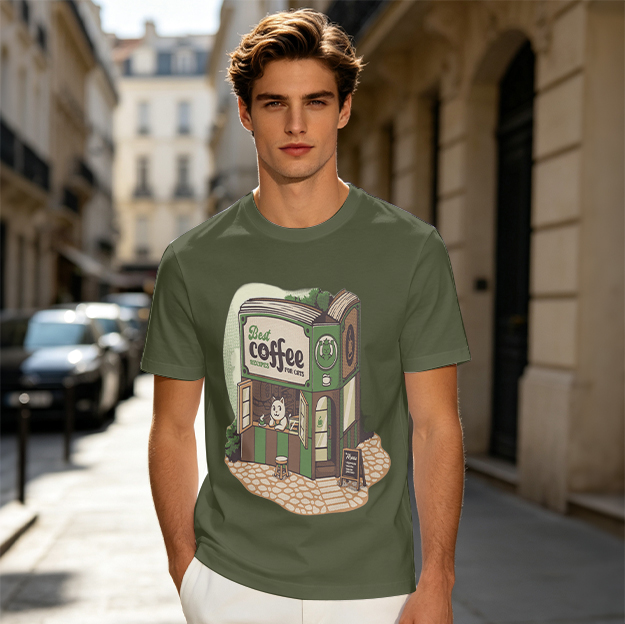 Olive green t-shirt with cat coffee shop book print