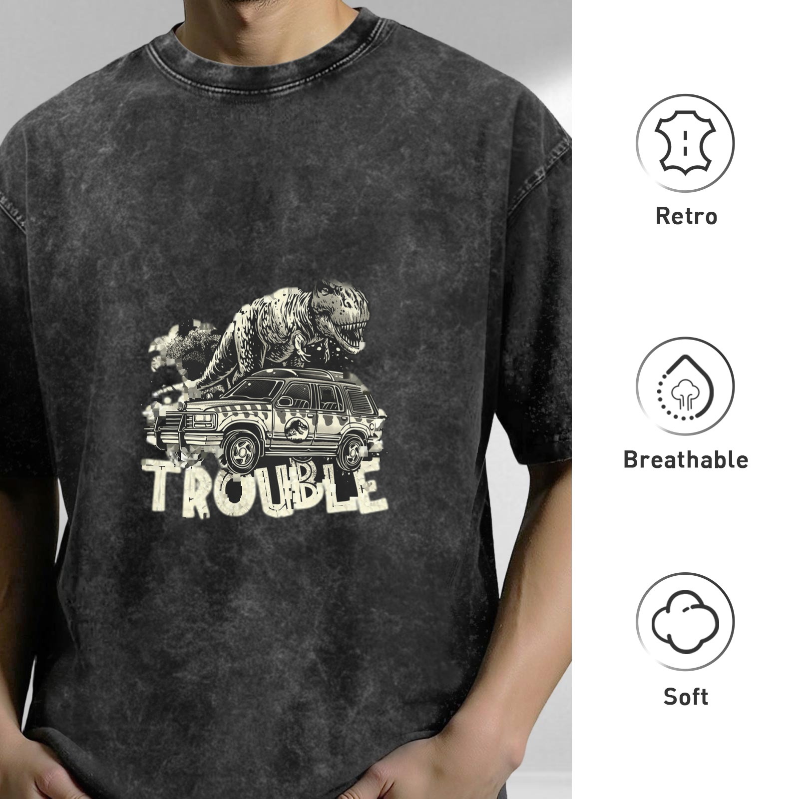 Washed Black T-Rex Dinosaur SUV Trouble Graphic T-Shirt