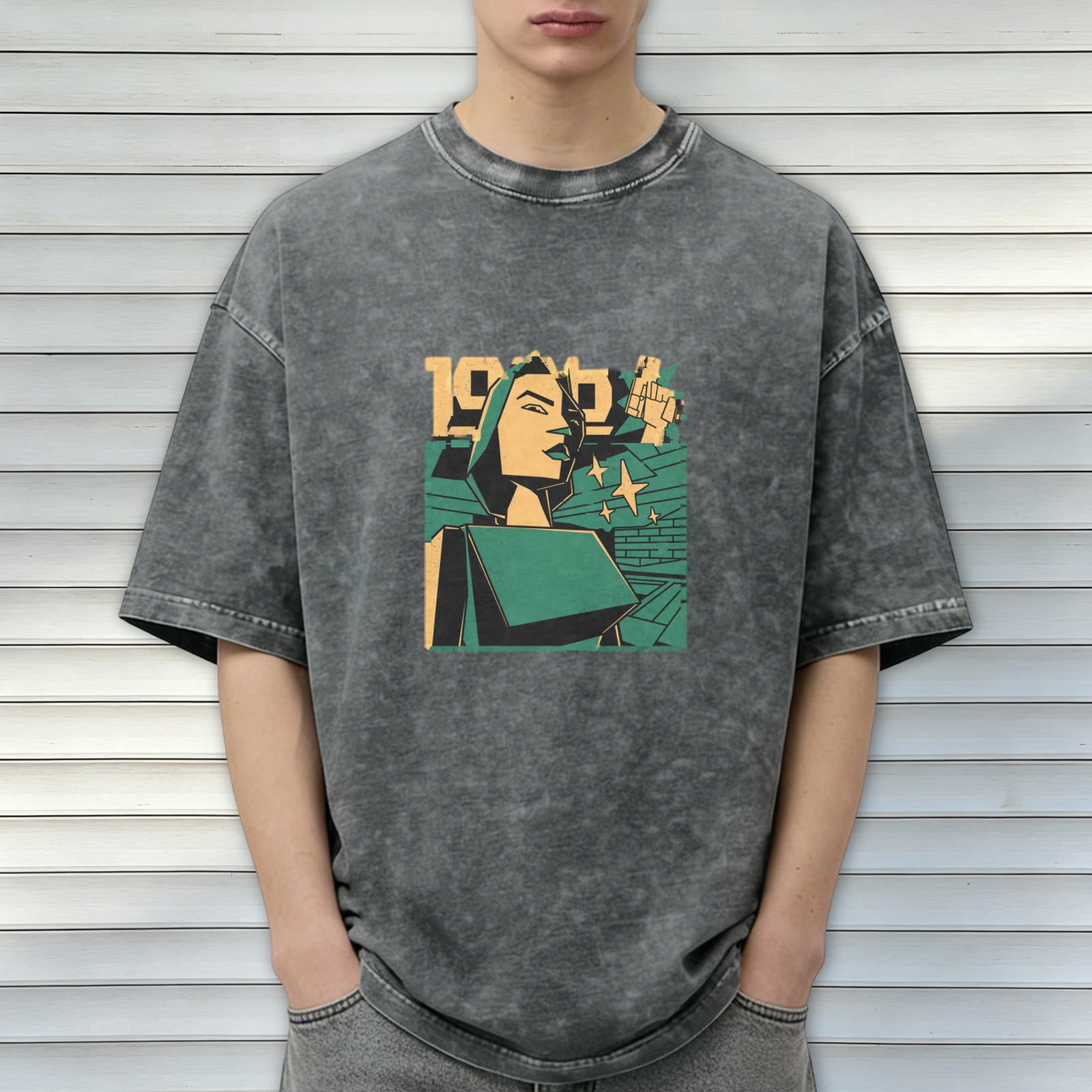 Oversized Acid Wash T-Shirt With Retro Propaganda Style Graphic Print