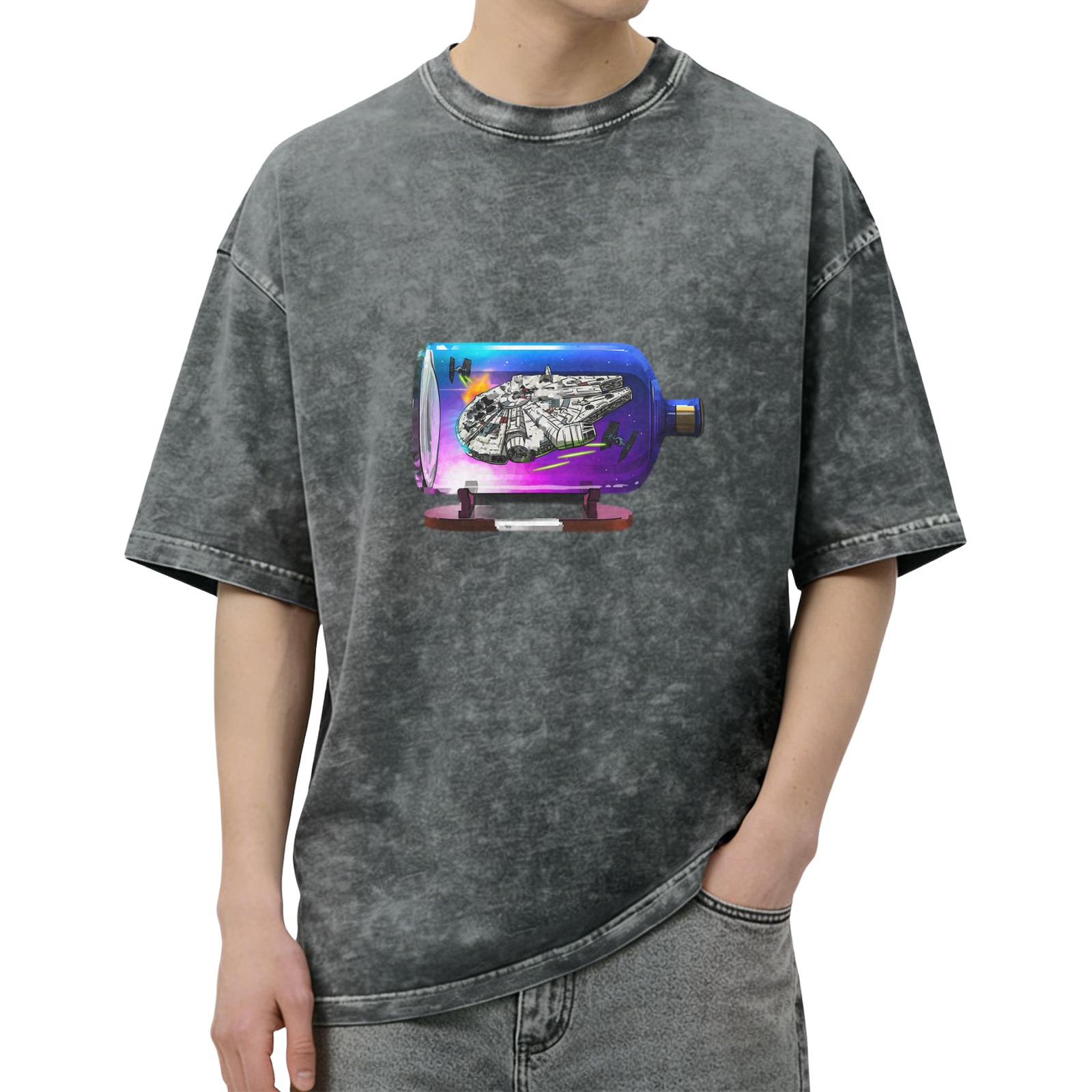Oversized Acid Wash T-Shirt with Spaceship in Bottle Graphic