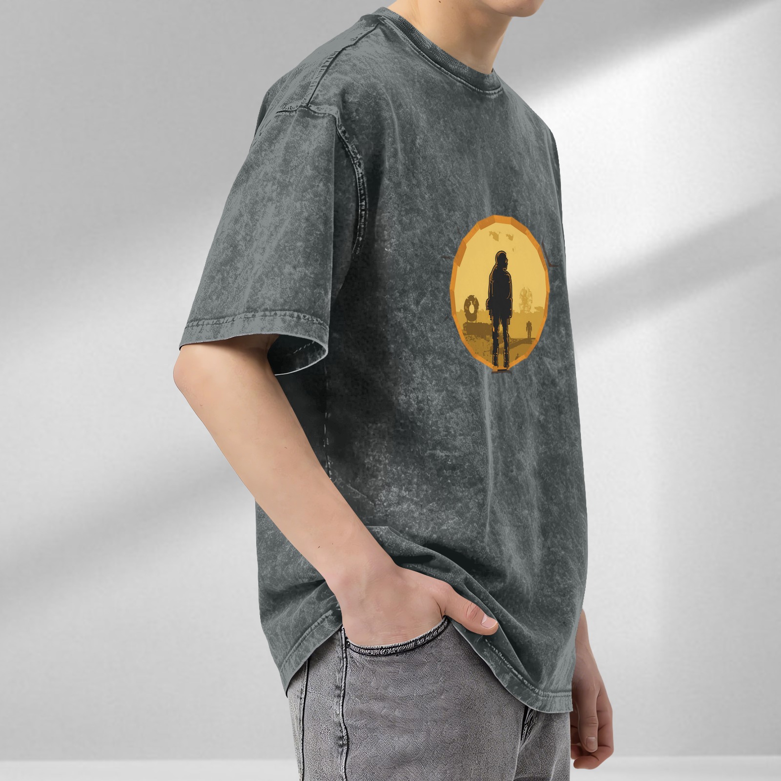 Washed Black Graphic T-Shirt with Lone Figure Silhouette Design