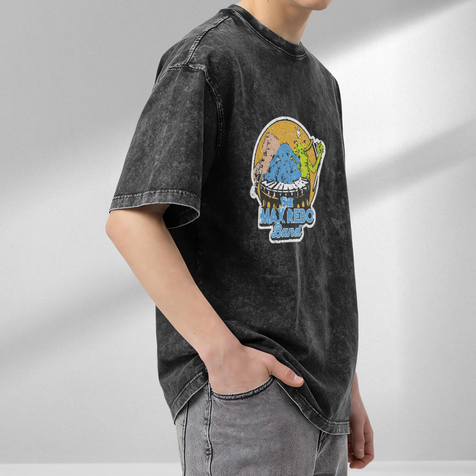 Distressed black short-sleeved T-shirt Star Wars Max Rebo Band band printed top