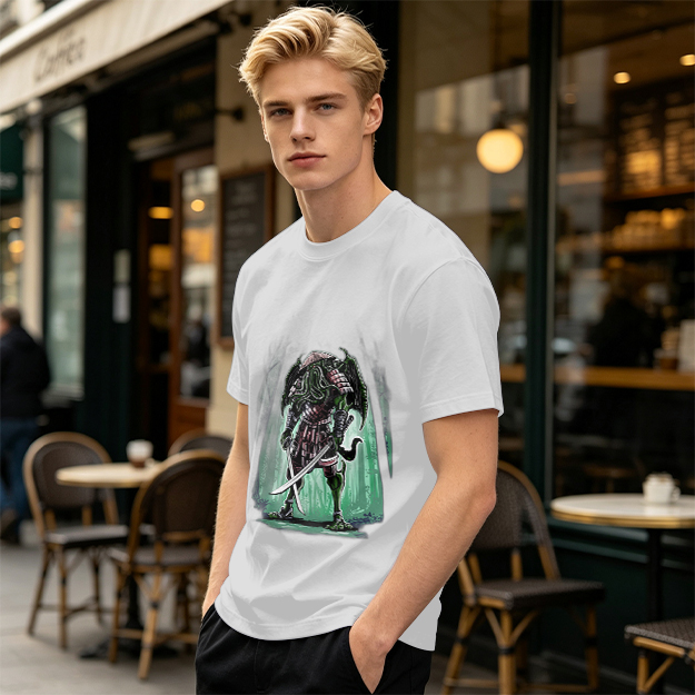 Olive T-Shirt With Samurai Cthulhu Warrior Graphic Print