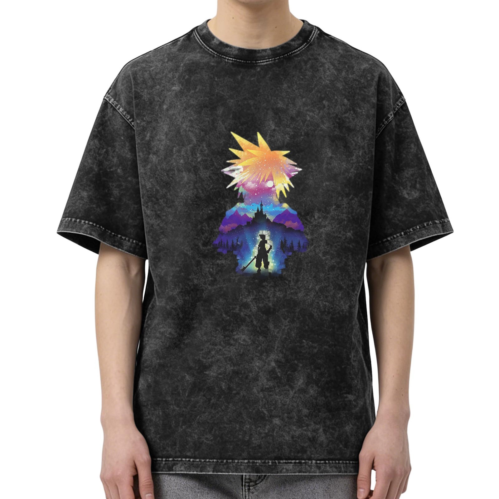 Final Fantasy themed distressed printed short-sleeved T-shirt