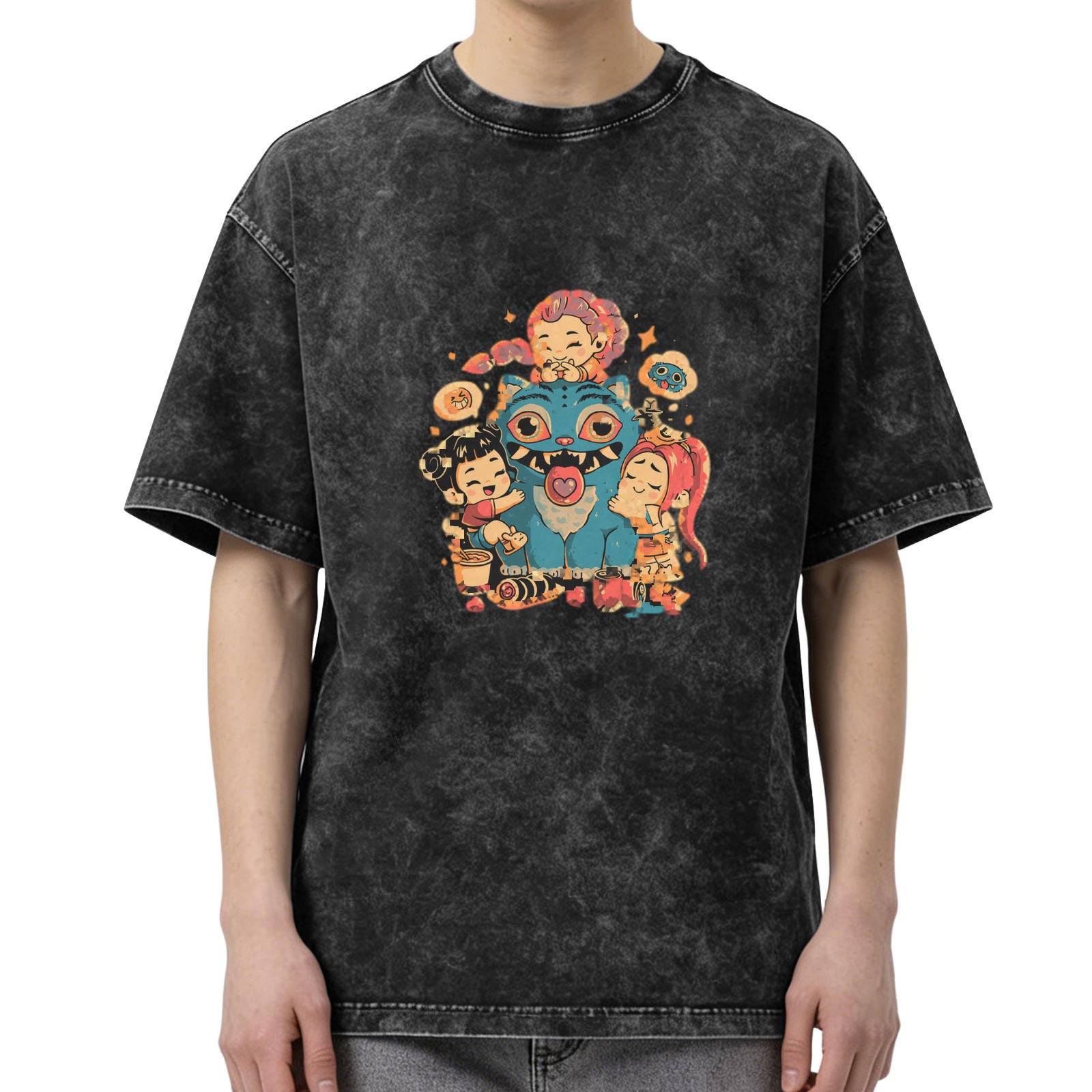 Oversized Vintage Wash T-shirt with Cute Monster & Chibi Characters Graphic Print, Dark Gray Acid Wash Casual Tee