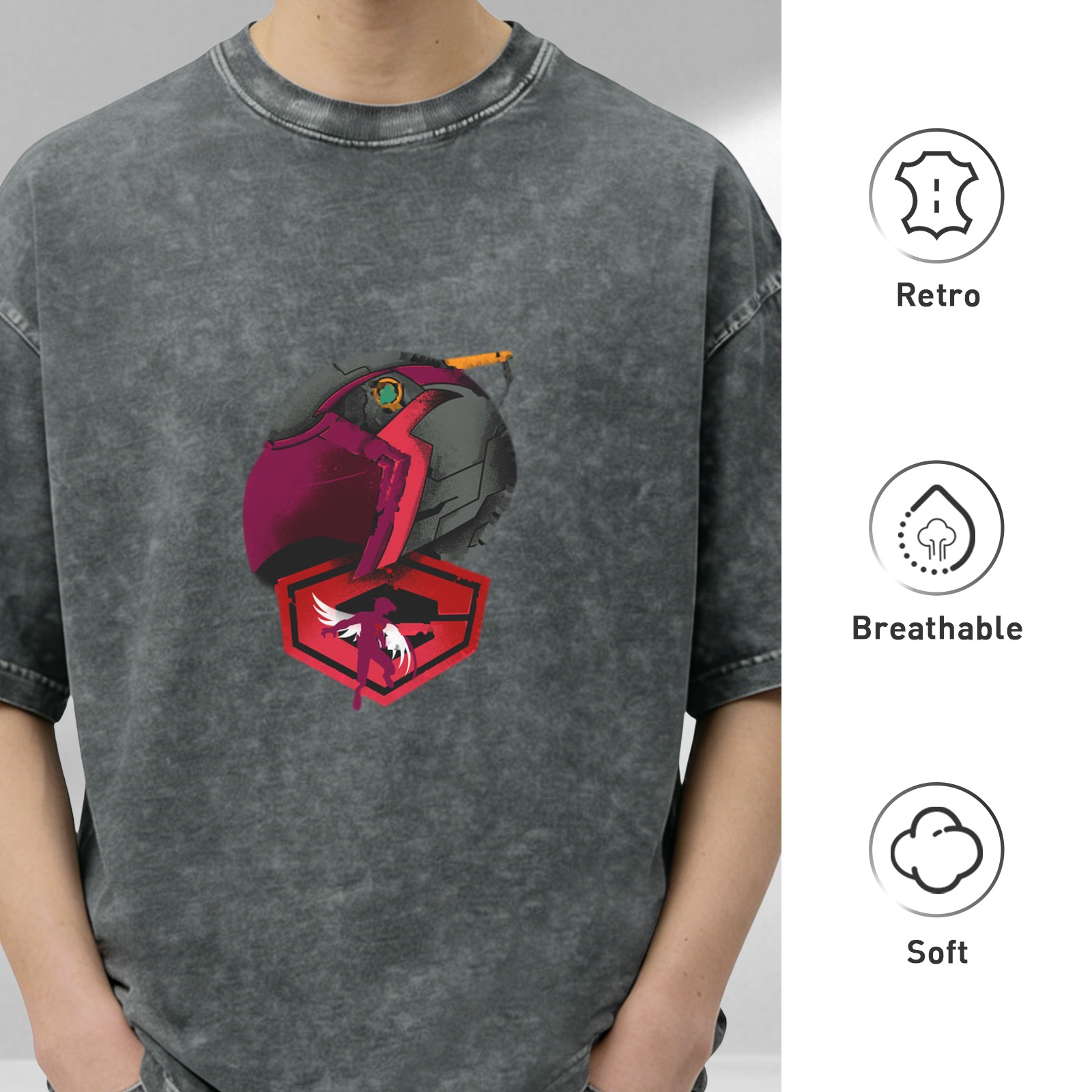 Oversized Washed T-Shirt With Mech Helmet Graphic Print