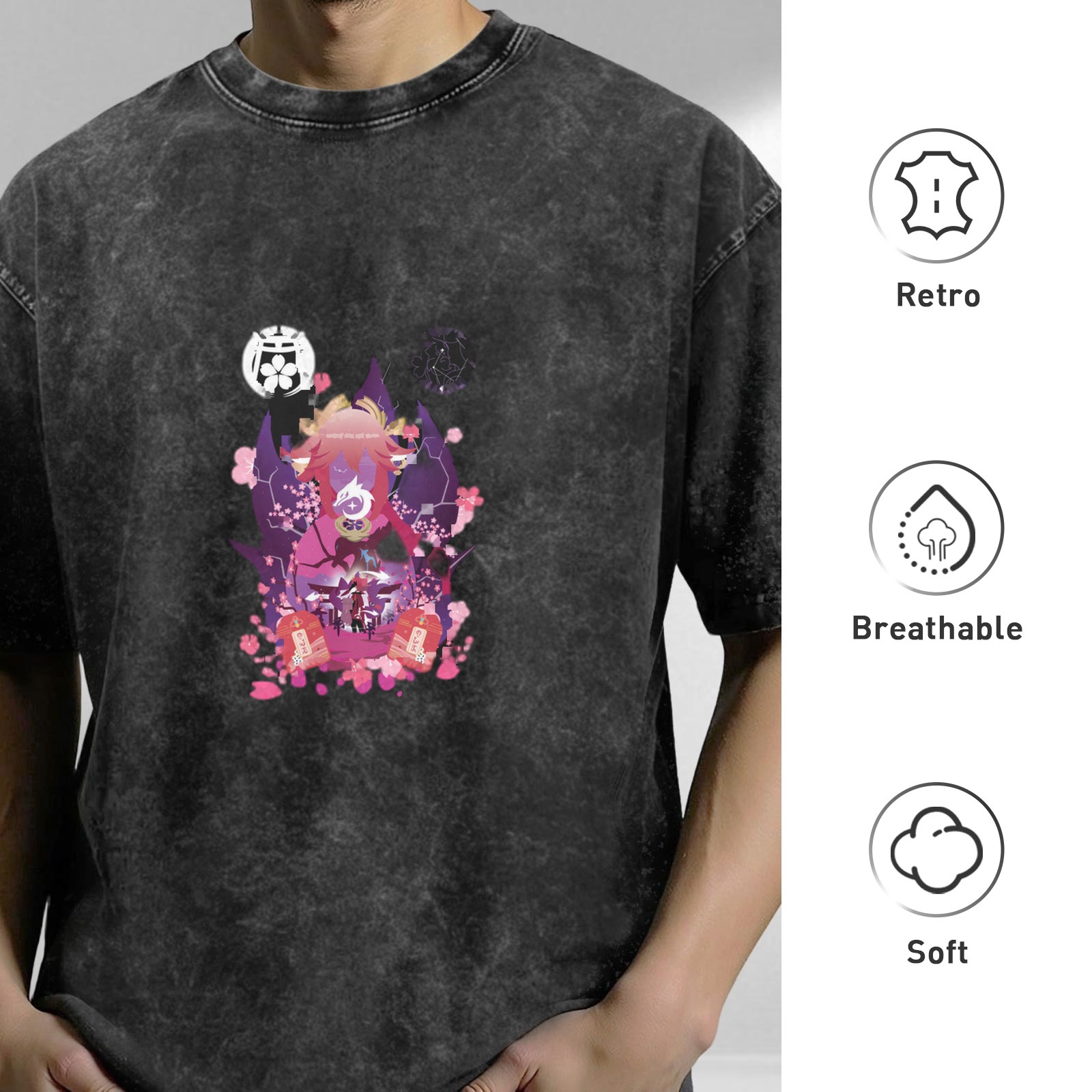 Washed Black Anime Graphic T-Shirt with Cherry Blossom Design