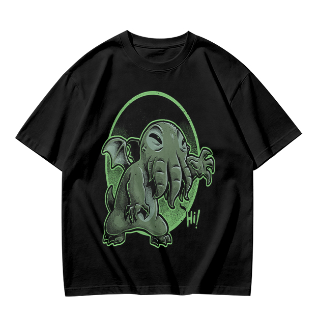 Olive T-Shirt Featuring Cute Cartoon Cthulhu Saying Hi
