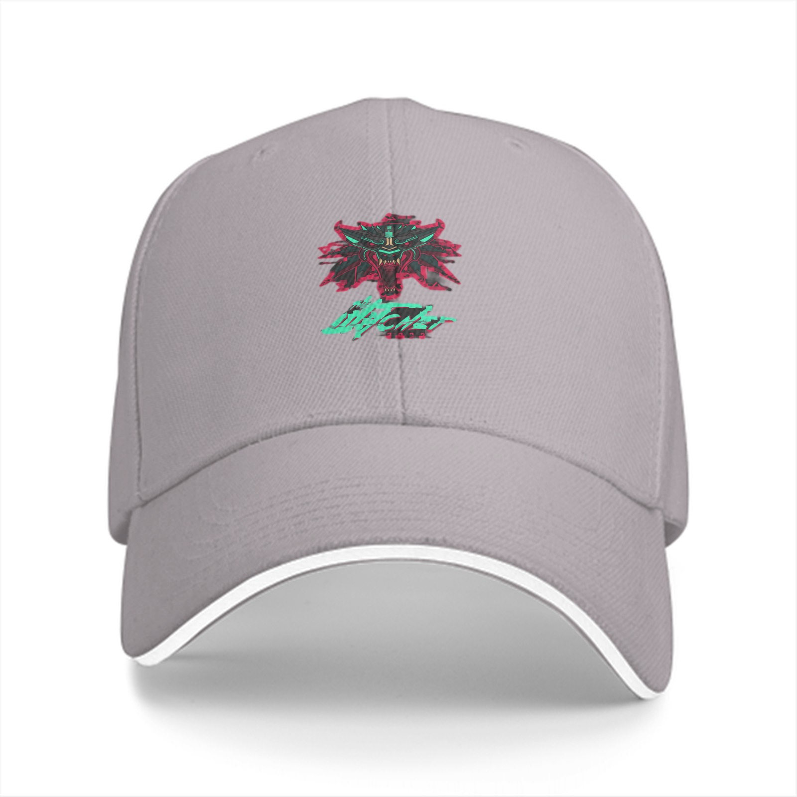 Black baseball cap with cyberpunk witcher wolf emblem graphic