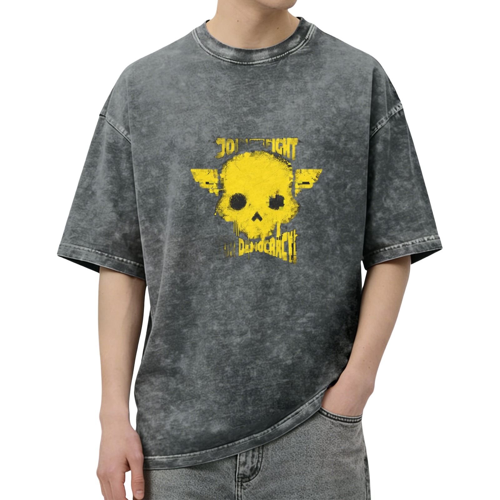 Distressed washed black short-sleeved T-shirt Hellraiser 2 Join Fight Democracy skull printed loose top