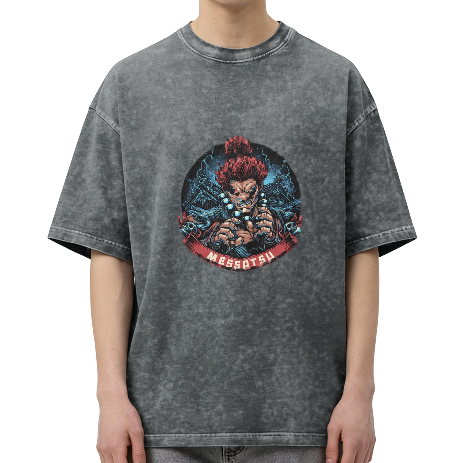 Oversized Dark Wash T-Shirt With Akuma Messatsu Graphic