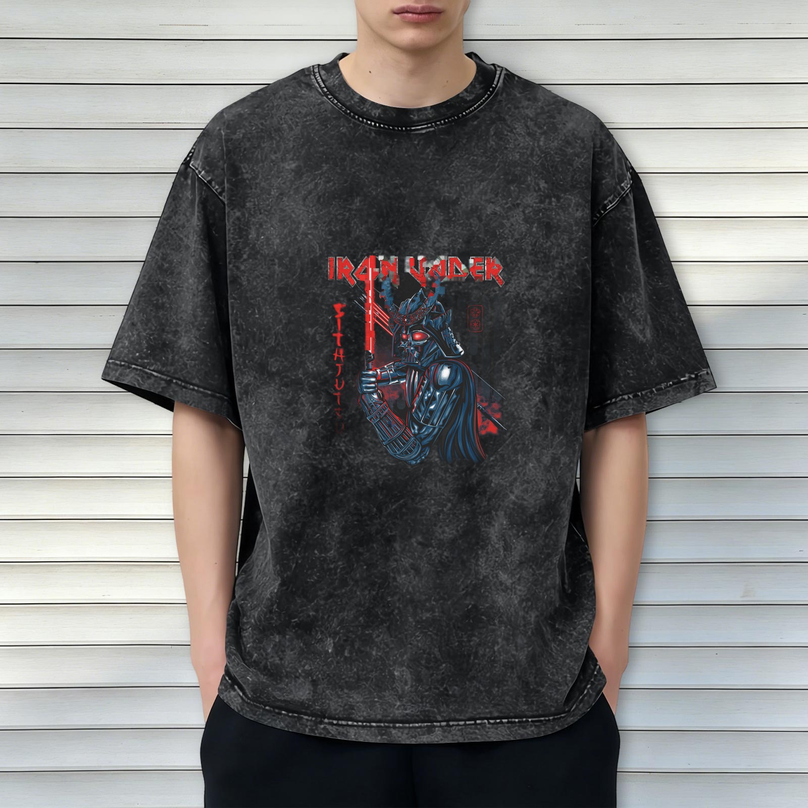 Oversized Acid Wash T-Shirt with Samurai Darth Vader Iron Vader Graphic