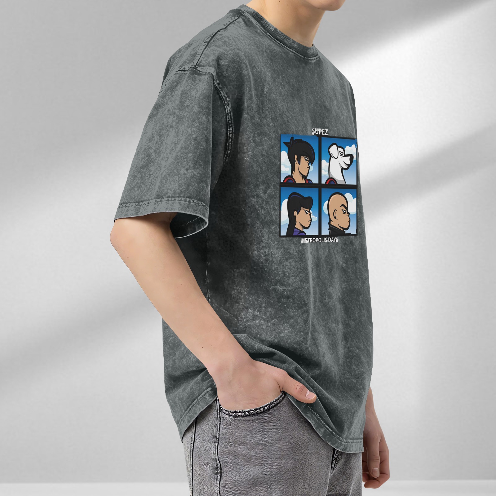 Washed Black T-Shirt With Four Panel Superhero Character Artwork