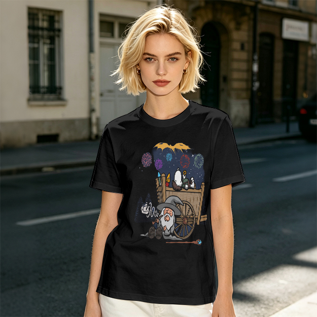 Olive T-Shirt with Wizard and Fireworks Cart Graphic