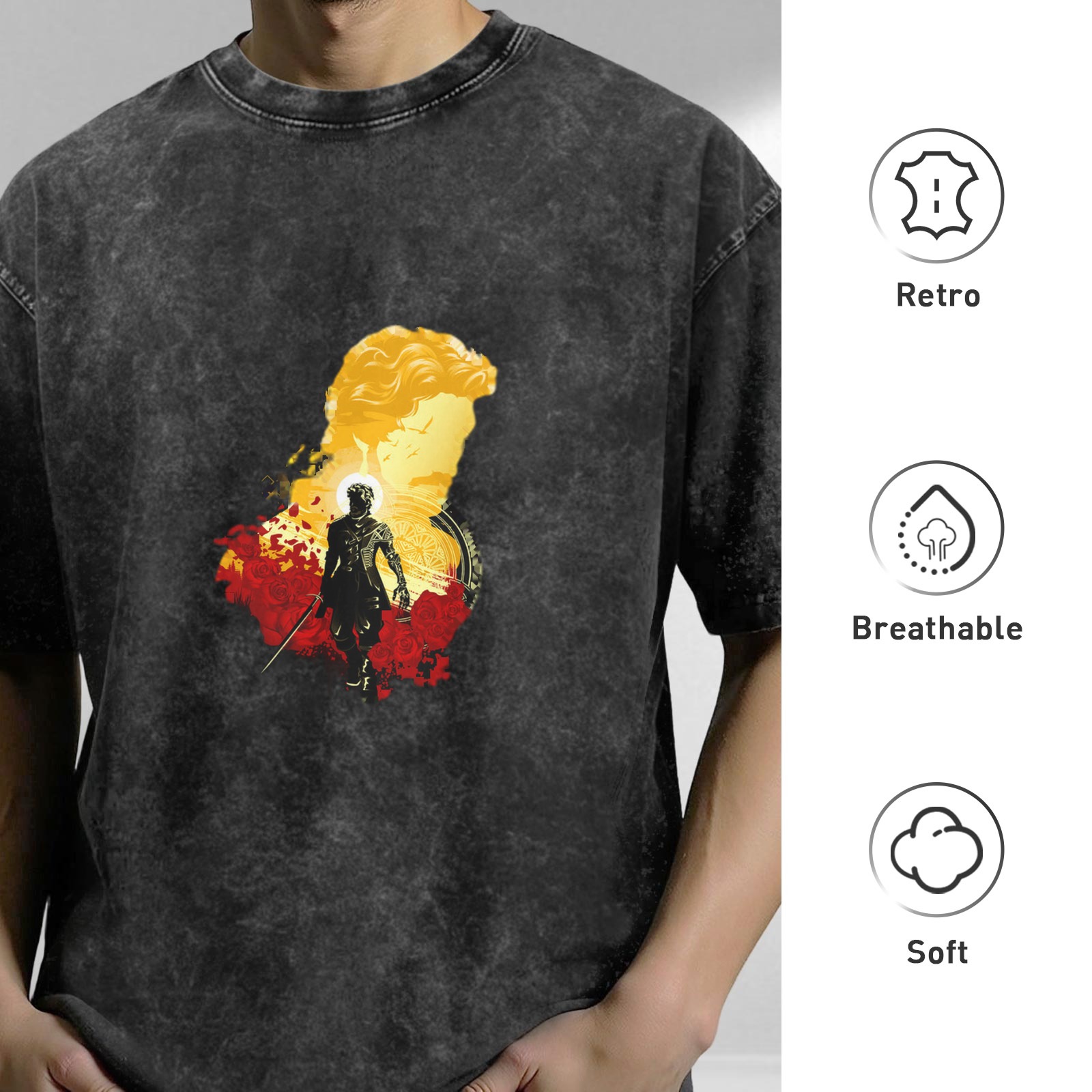 Washed black graphic t-shirt with warrior and classical bust art