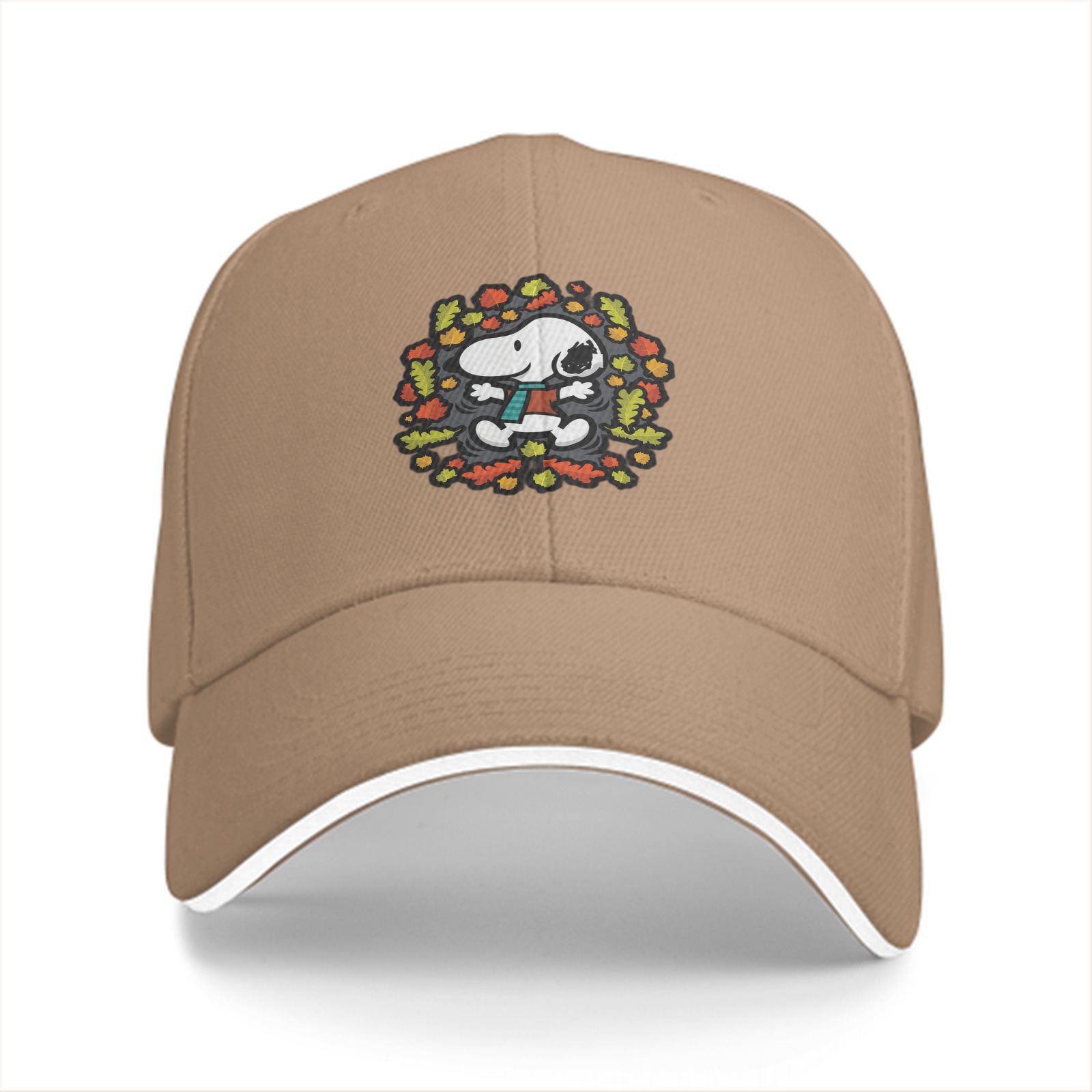 Black baseball cap with Snoopy playing in autumn leaves