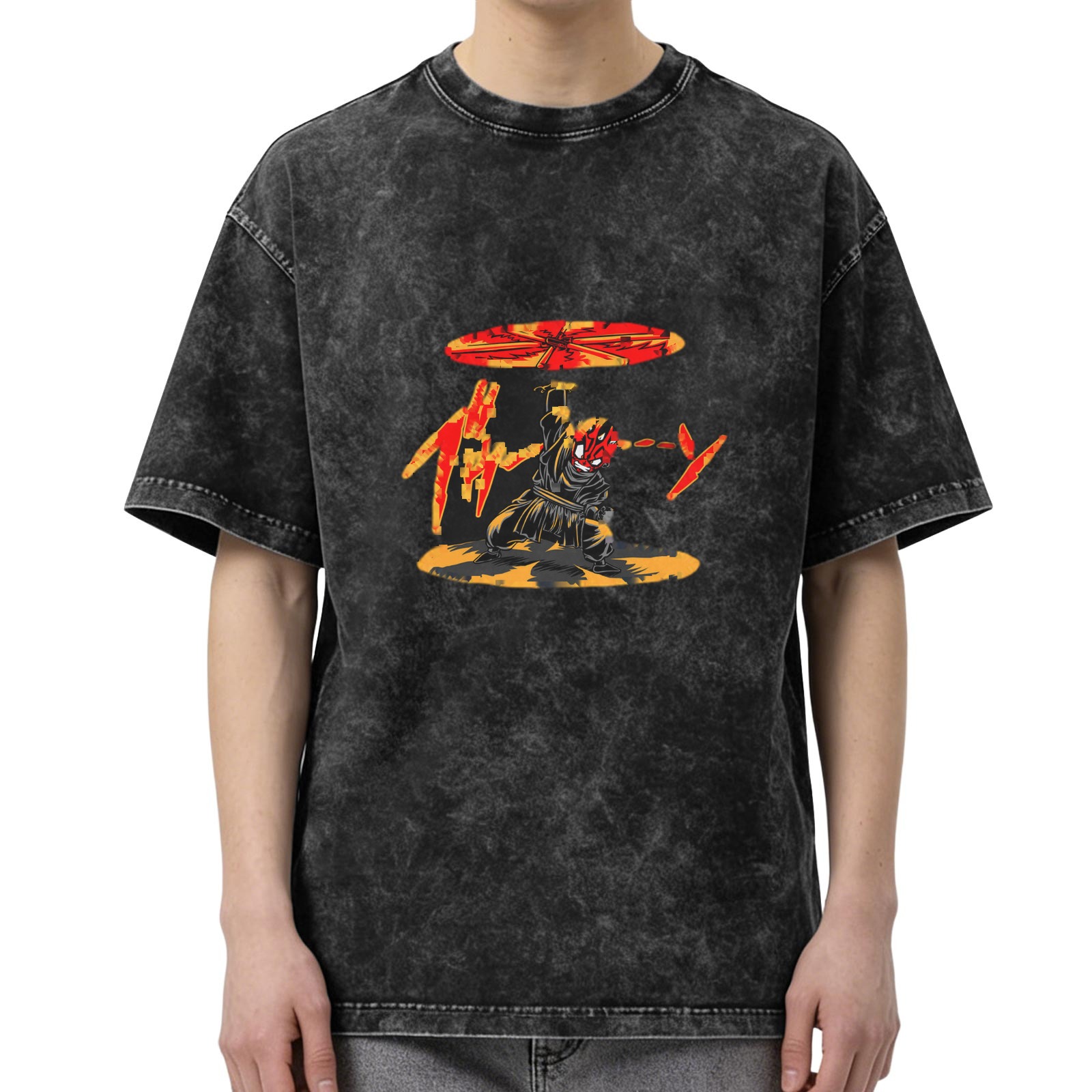 Oversized Acid Wash T-Shirt With Ninja Warrior Graphic Print