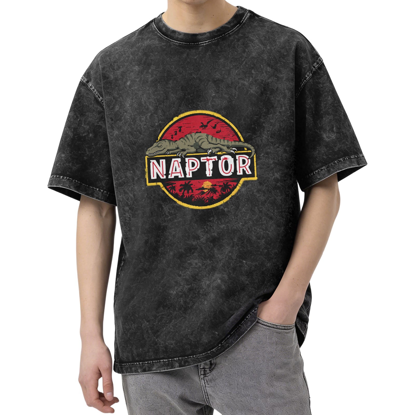 Washed black graphic t-shirt with sleeping raptor naptor design