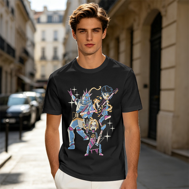 Olive T-shirt with Anime Rock Band Characters Graphic