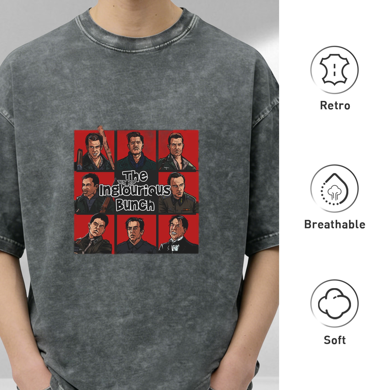 Washed Black Graphic T-Shirt with The Inglourious Bunch Character Art
