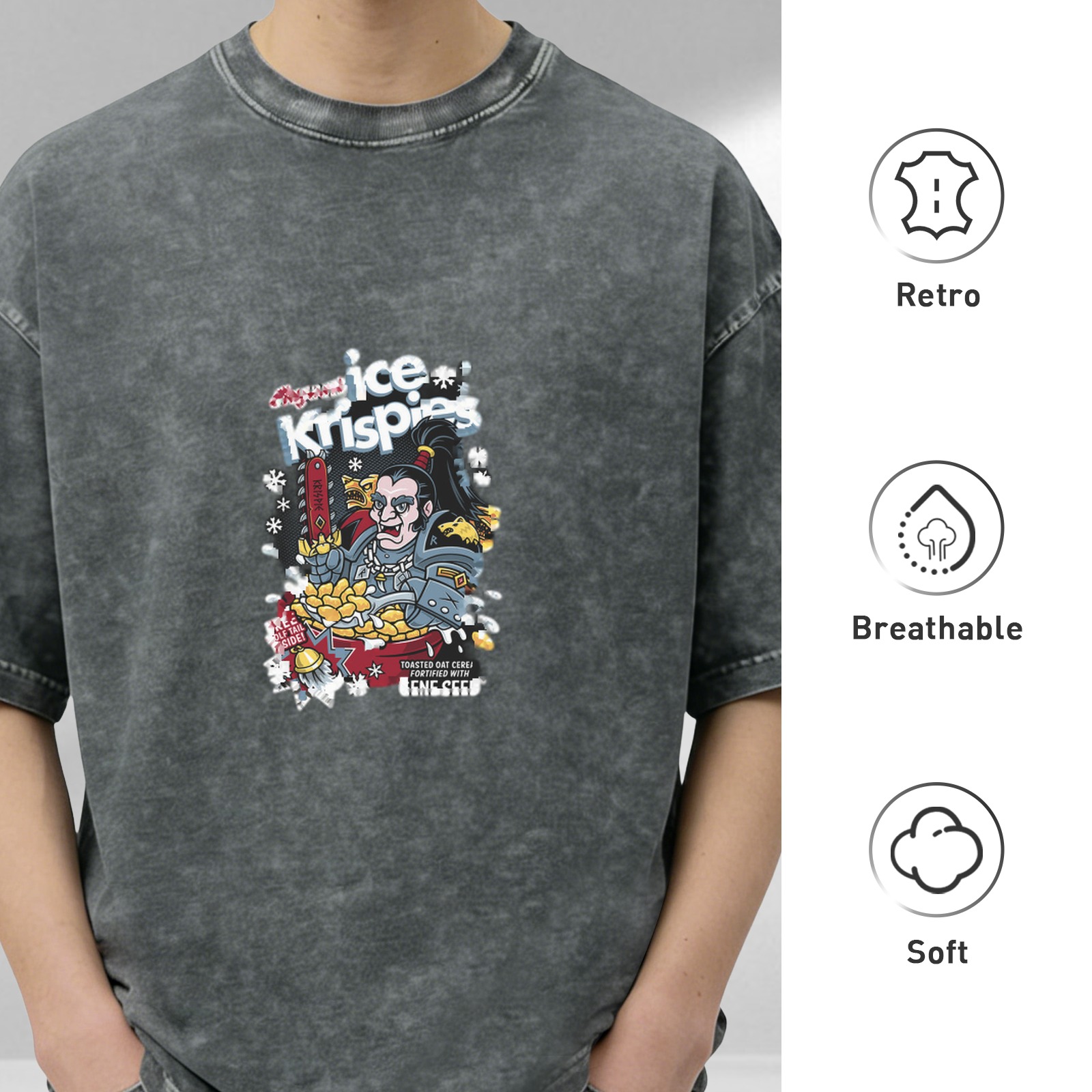 Distressed washed black loose short-sleeved T-shirt Fun co-branded cartoon print top