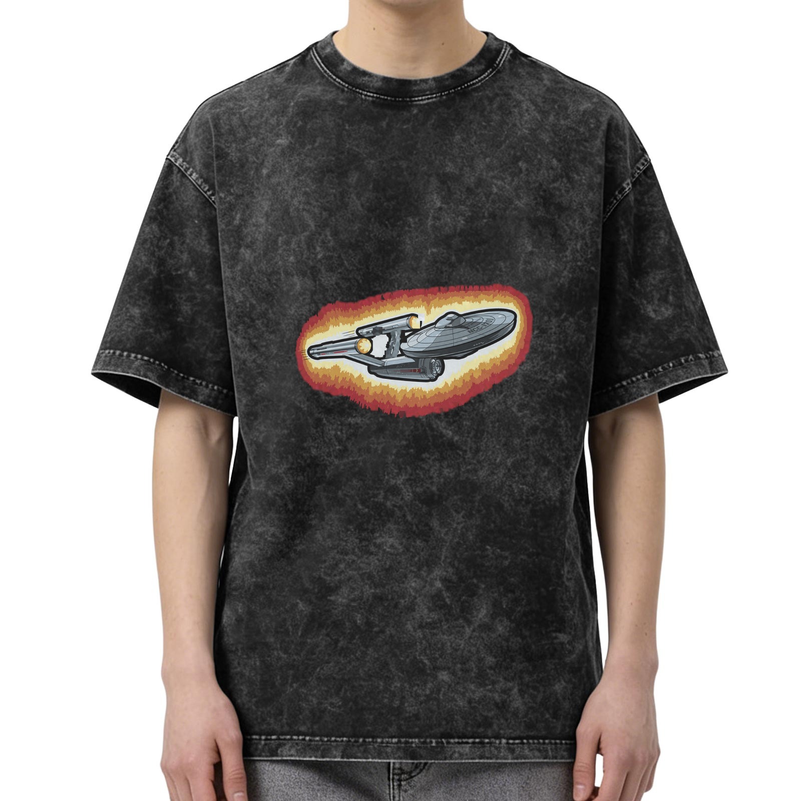 Washed Black T-Shirt with Star Trek Starship Graphic