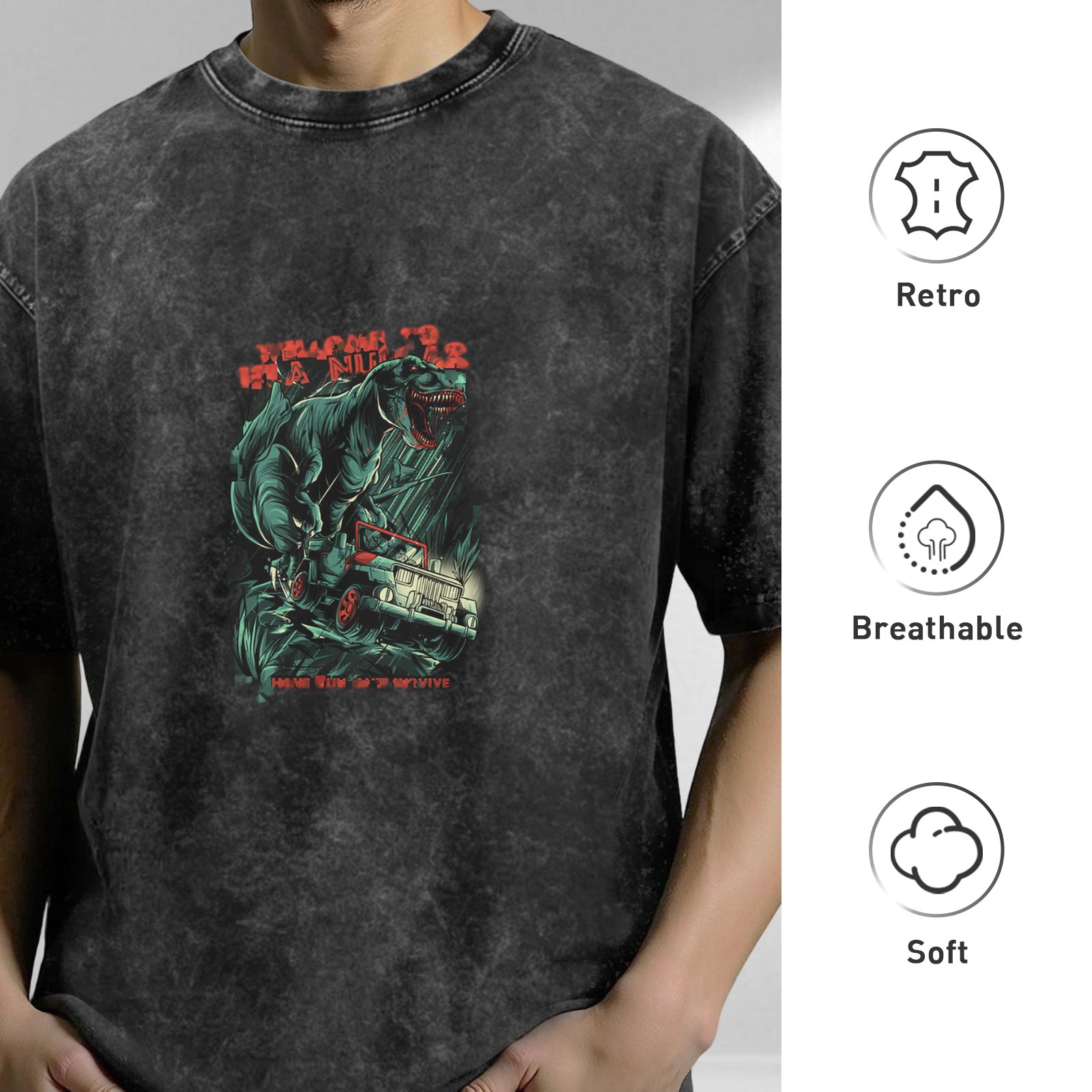 Washed Black Oversized T-Shirt with Dinosaur Jeep Graphic Print