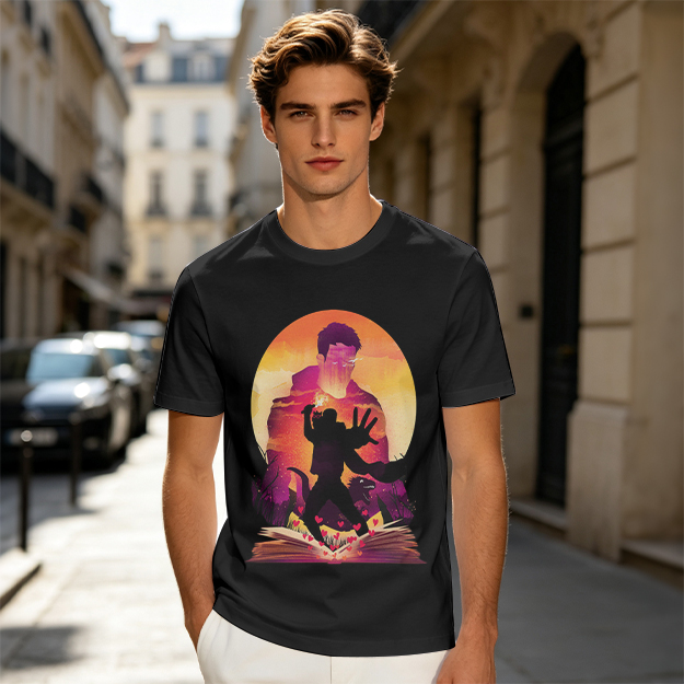 Olive T-Shirt With Fantasy Sunset Silhouette Graphic Print