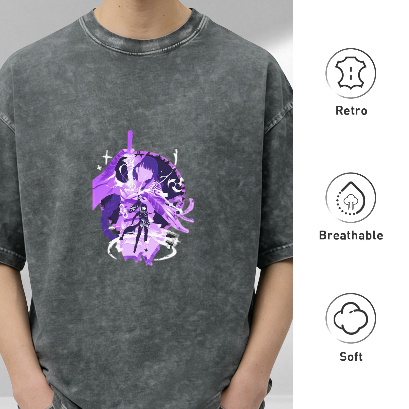 Washed Black T-Shirt with Purple Anime Character Graphic Print