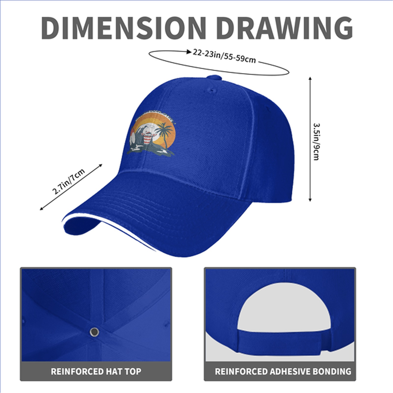 Black baseball cap with retro tropical surf wave graphic