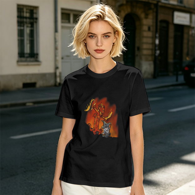 Olive T-shirt with Cartoon Demon and Wizard Fantasy Print