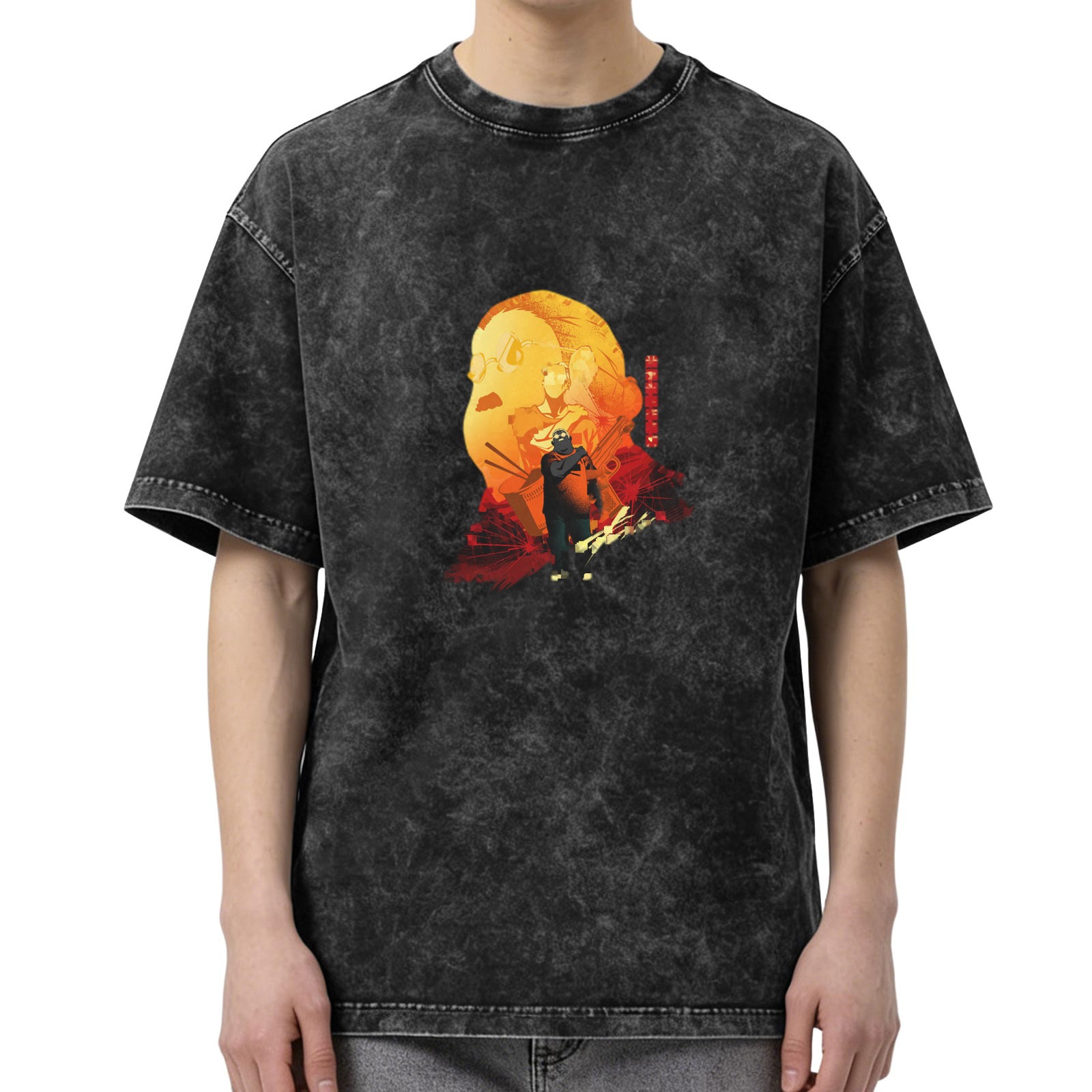 Oversized Acid Wash Anime Graphic T-Shirt