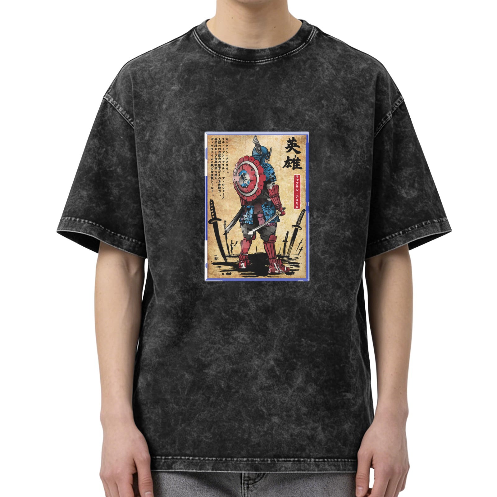 Washed Black T-Shirt with Samurai Captain America Hero Graphic