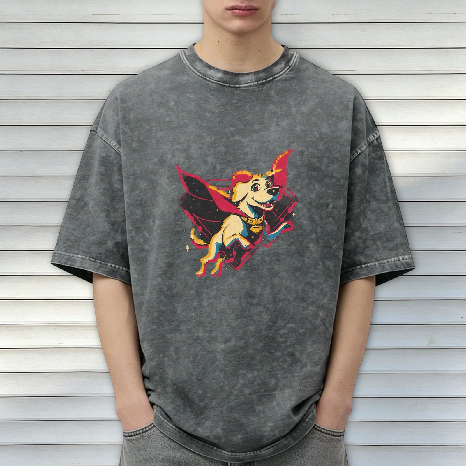 Oversized Dark Wash T-Shirt With Superhero Dog Graphic